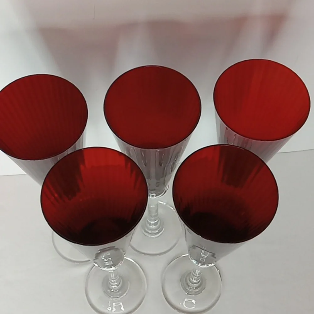 Vintage Ruby Red Ribbed Crystal Tall Stemmed Champagne Flutes Glasses Set Of 5